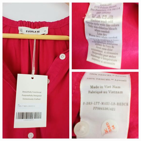 Everlane SZ XS The Tencel Gathered Maxi Dress in Red Currant Oversized Fit NWT - Picture 6 of 6